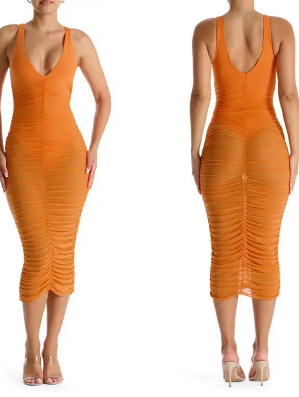 Naked Wardrobe Women's Orange Mesh Bodycon Ruched Midi Dress